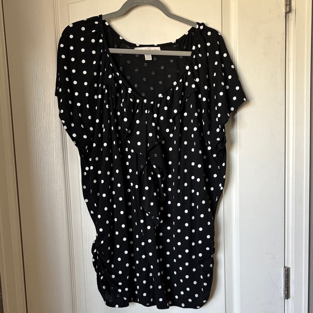 French Laundry Black Polka Dot Ruffle Scoop Blouse